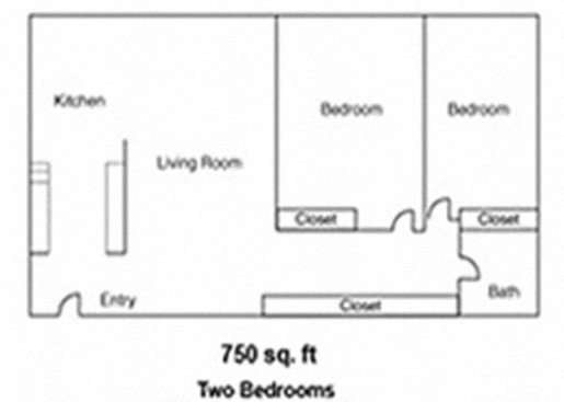 Floor plan for 2 beds, 1 bath, 750 sqft
